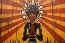 Painting on a wooden wall of a woman praying with sun rays.