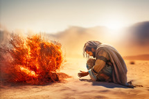 Moses kneeling before the burning bush in the deset