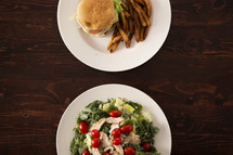 food choices, burger and fries or a salad 