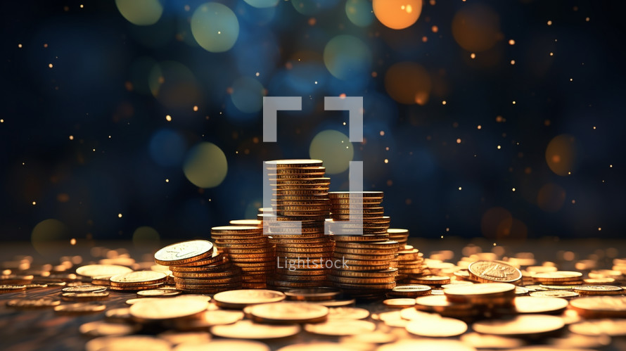 Pile of coins on a bokeh background. 