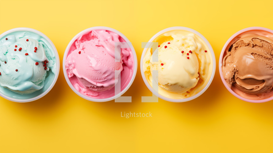 Colorful ice cream scoops on a yellow background.