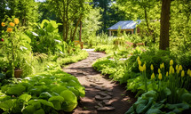 A Beautiful Spring Garden with a Path and Flowers