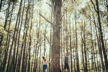 A young couple standing in a forest beside a huge tree.