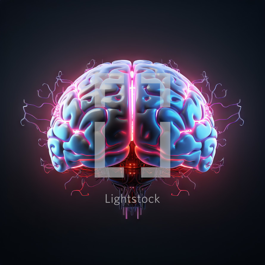 Stylized human AI brain with neon highlights and circuitry base
