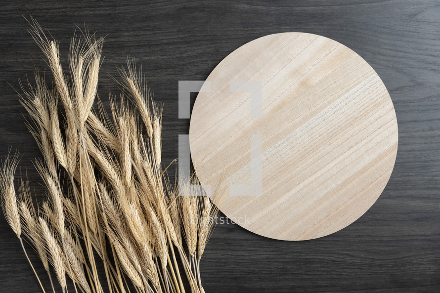 Round wood tray with ears of wheat on a dark wood background