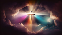 Cross in the sky with rainbow rays and clouds