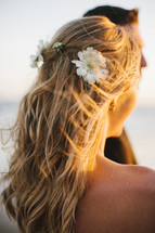 flowers in the hair of a bride