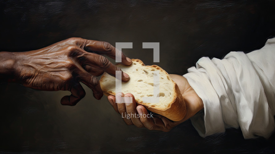 Communion, a white hand sharing bread with a black hand