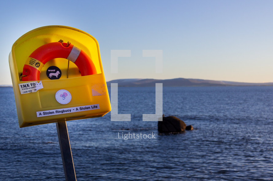 A life preserver or ringbuoy found on the coast at Salthill, Galway, Ireland warns A Stolen Ringbouy - A Stolen Life