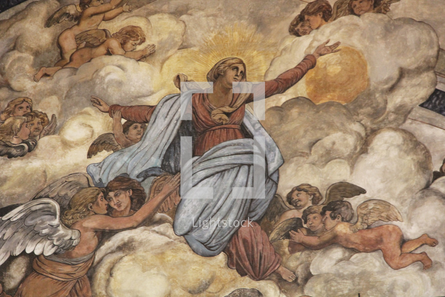 painting of Mary and angels in the clouds 