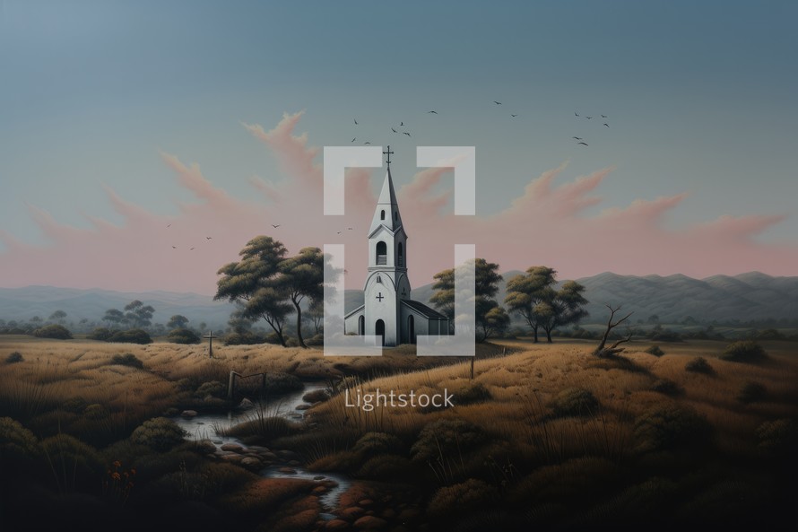 Digital painting of a church in a field with trees and birds.