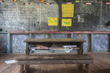chalkboard and a desk in a school house 