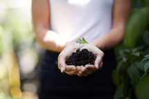 a woman holding a sprouting plant and dirt in cupped hands 