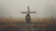 Man prays near a wooden cross in the foggy day
