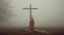 Paying under a wooden cross in the foggy