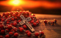 Rosary with cross at sunset Light