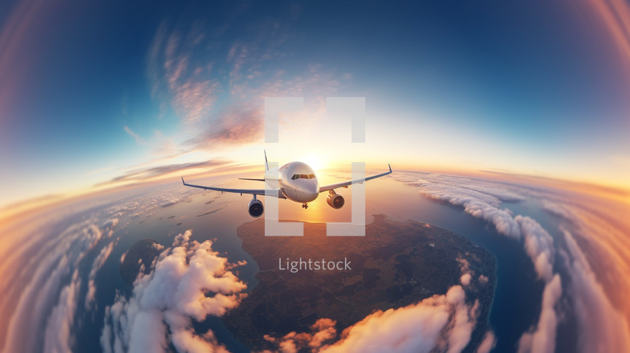 A wide angle of a plane in the air in the sunset sky. Travel concept. 