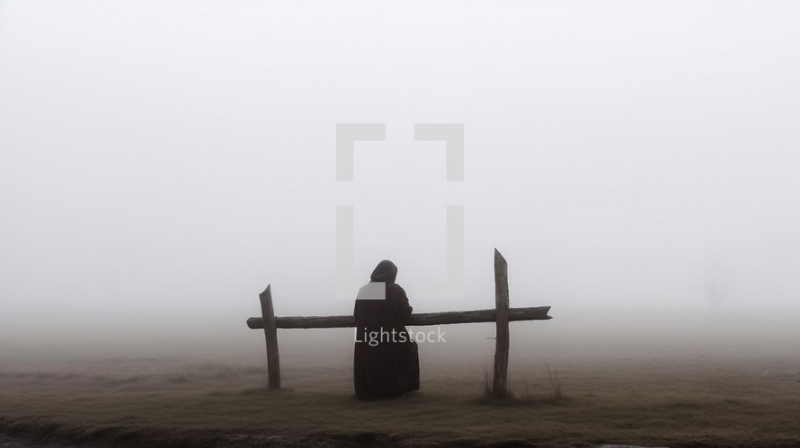 Monk prays in the foggy day