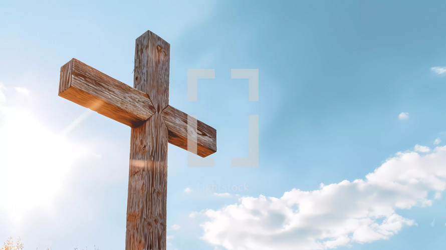 Wooden cross under a blue sky