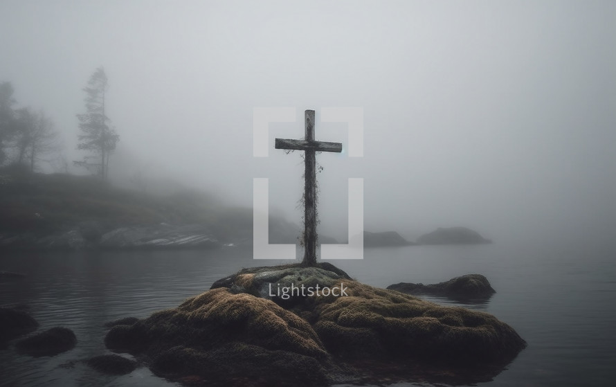 Wooden cross on a small island shrouded in fog.