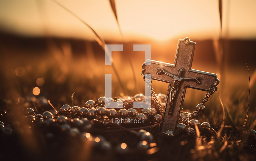 Rosary with cross at sunset Light
