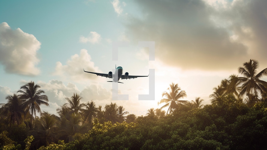 Plane flying over a tropical location. Travel concept. 