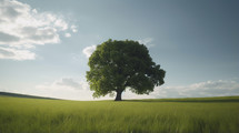 An oak tree alone on the horizon in a green meadow. 