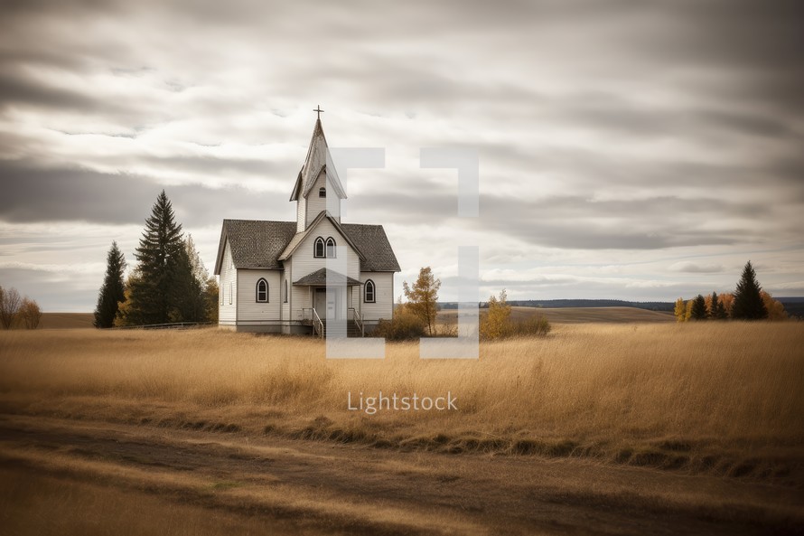 Abandoned church in the middle of the field in the autumn