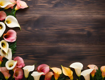 Floral Border with Copy Space on a Wooden Surface