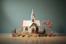 Miniature christian church on wooden table. Christmas and New Year concept.