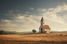 Church in the field. Rural landscape. Vintage style. Toned.