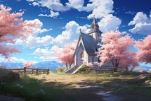 Church with cherry blossoms and blue sky. Manga Style.