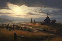 Church in the mountains at sunset. Beautiful landscape with a church.