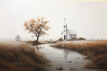 Digital painting of a small chapel in the middle of a meadow