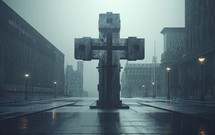 Big Concrete Crucifix into a big town street