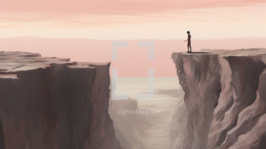 Surreal image of man looking at gap between cliffs. 