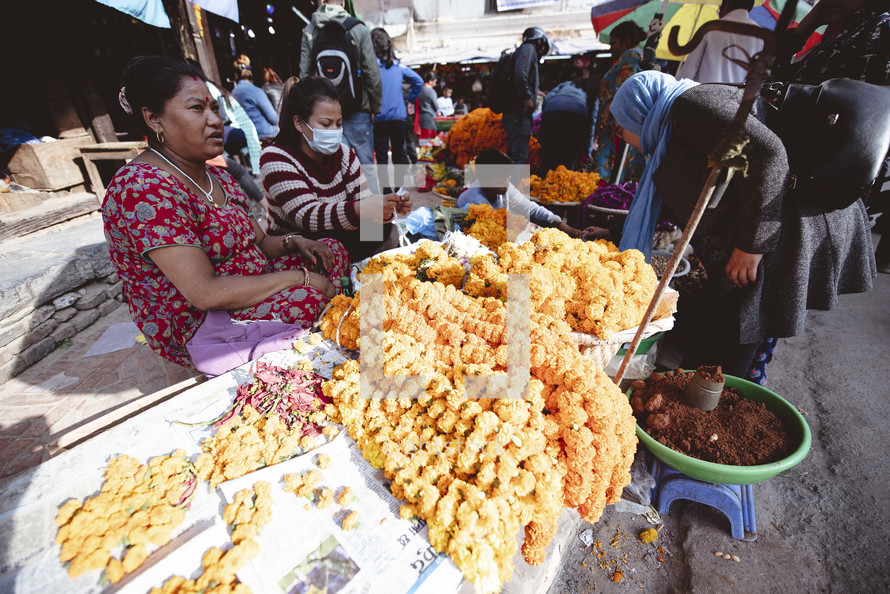 marigold flowers in a market in Tibet