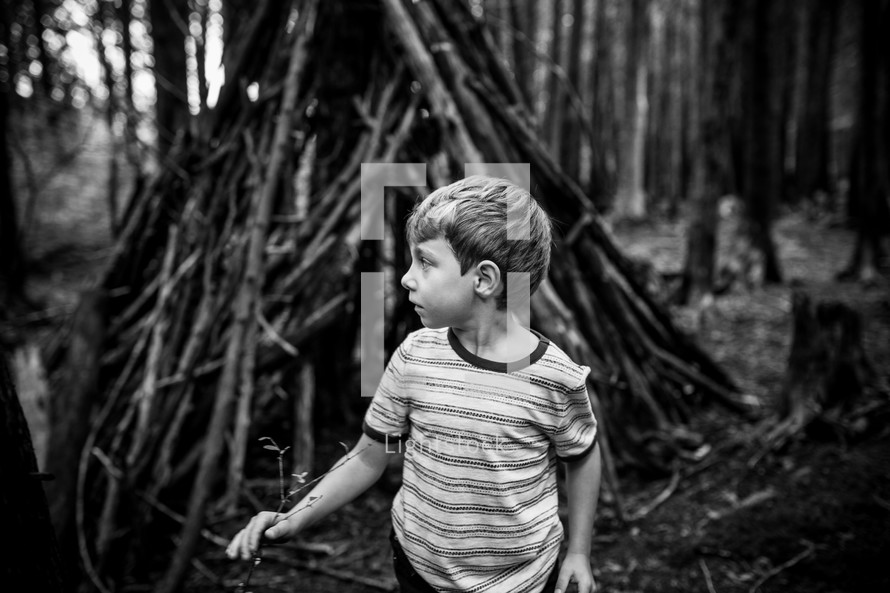 a boy and a teepee of sticks in the woods 