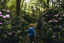 a boy walking through a botanical gardens 