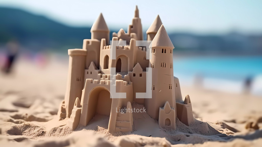 Sand castle on the beach near the sea in Summer. AI Generative