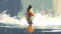 Colorful painting art of Jesus walking on the water. Christian illustration.