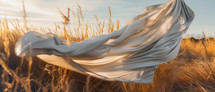 A woman in flowing white clothing in a wheat field
