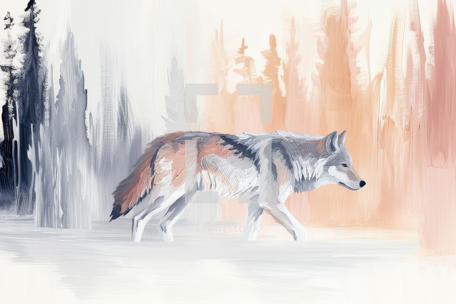 Graceful white wolf in motion, depicted in a minimalist winter forest scene, executed in a modern painting style with gentle brushstrokes.