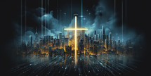 Colorful painting art of an abstract digital background with cross. Christian illustration.