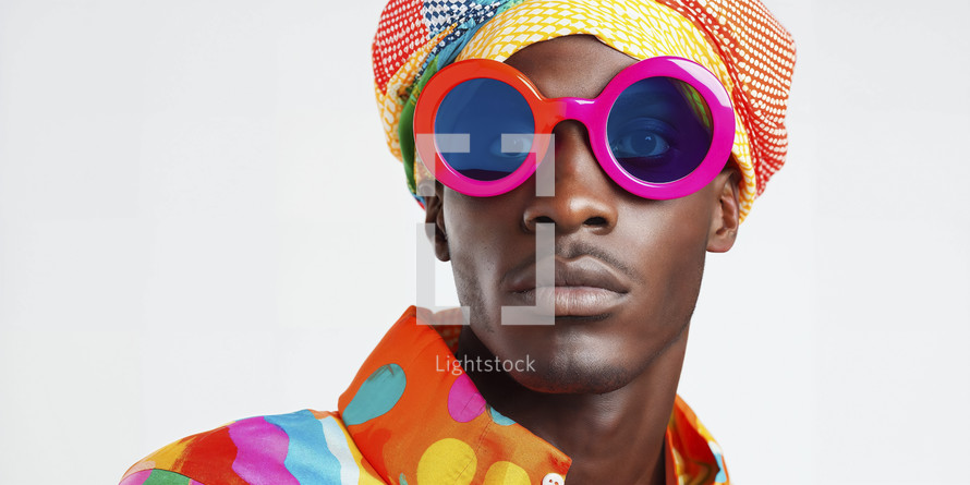 Vibrant portrait of a young man with bold fashion sense, wearing colorful headwear and oversized pink sunglasses against a white backdrop.