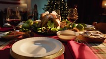 Thanksgiving dinner table with food set for 