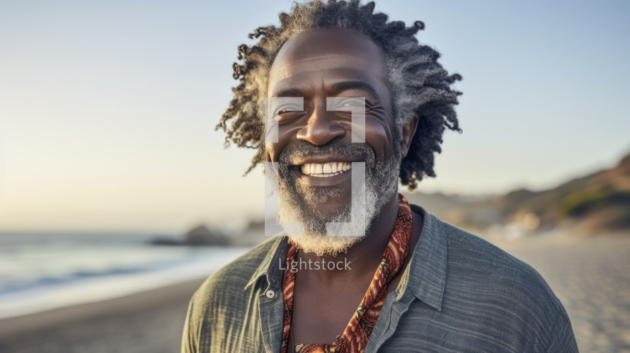 Smiling afro american Senior man has fun on the beach in summer.
