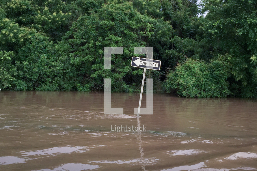 one way sign in a flood 