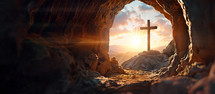 The cross at Calvary is seen through the opening of the cave entrance. The empty Tomb of Jesus. He is risen, 