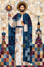 Christian festival poster with a detailed mosaic of a person holding a chalice and staff, surrounded by church architecture. Ideal for religious events, spiritual gatherings, and cultural celebrations.